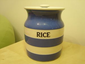 A TG Green Blue and White Cornishware Rice Storage Jar and lid