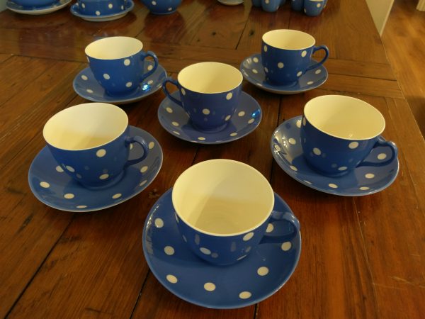 TG Green Blue and White Domino, Blue handled cups & Saucers.