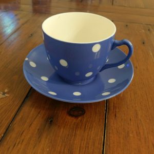 TG Green Blue and White Domino Blue handled Cup and Saucer.